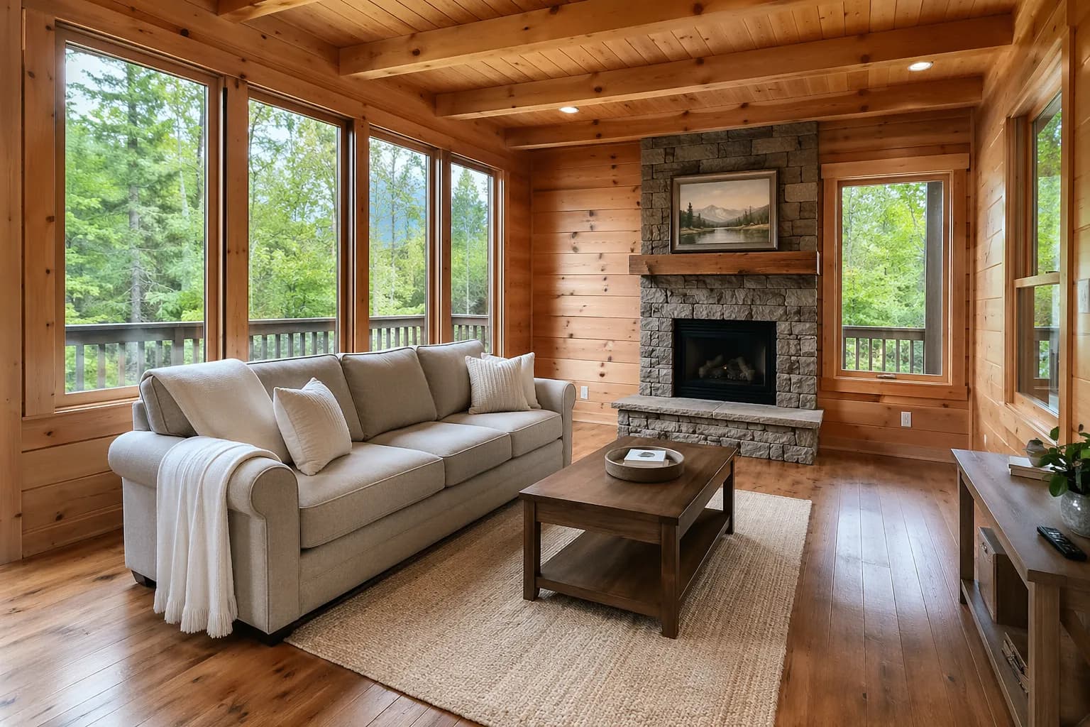 Cozy cabin living room with clean linens and mountain view through windows