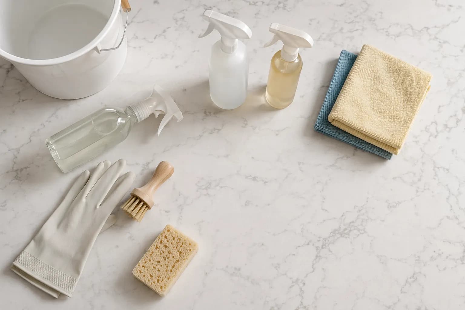 Organized cleaning supplies including spray bottles, microfiber cloths, and scrub brushes on a kitchen counter
