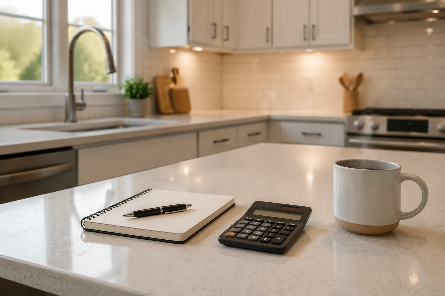 Calculator and notepad on a clean kitchen counter representing house cleaning cost planning