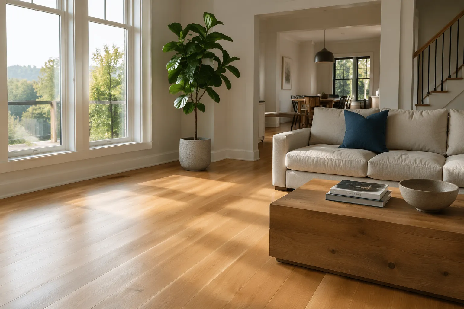 Bright, clean living room with sunlight streaming through windows