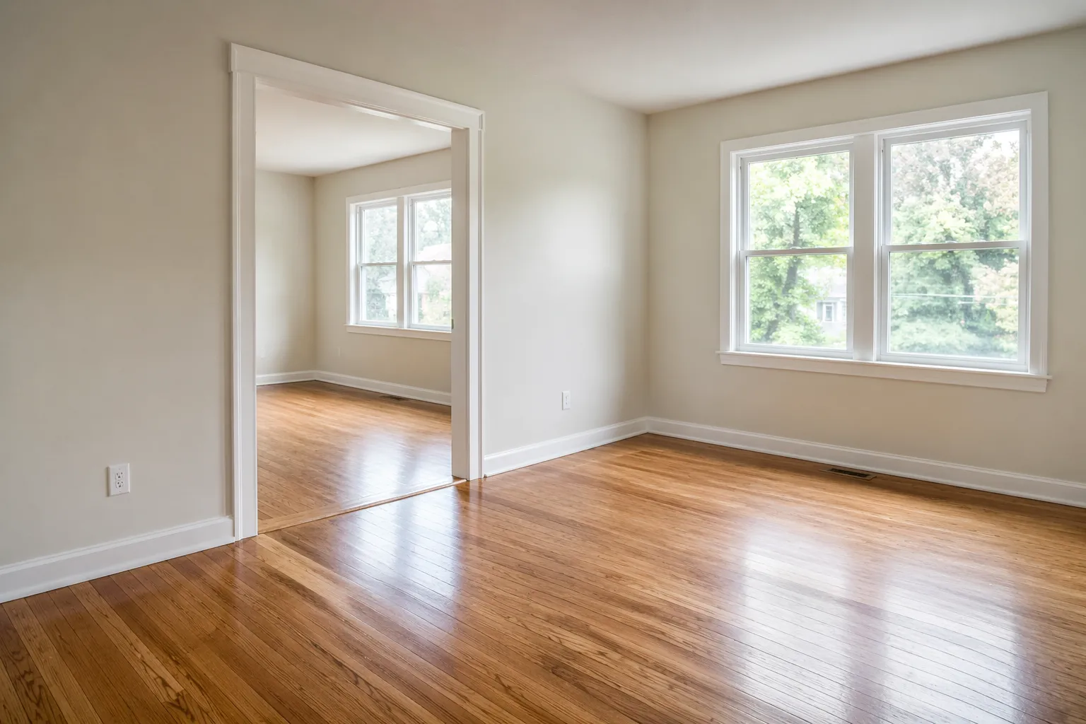 Empty apartment room with clean hardwood floors and bright windows ready for inspection